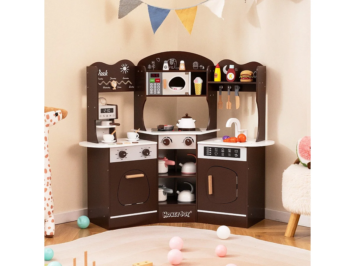 Cucina giocattolo angolare in legno con macchina del caffè, Set cucina con luci e suoni per Bambini 3+ Anni Marrone