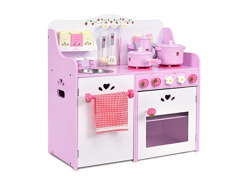 Giocattolo da cucina per bambini in legno a tema fragole con accessori 13 pezzi 60x30x62cm Rosa