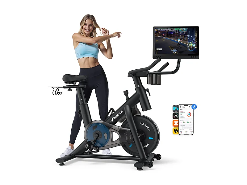 Vélo Magnétique MERACH, Roue d’Inertie 6kg, 8 Niveaux, Bluetooth, Écran HD 15,6″, Silencieux, Support Haltères, Fitness à Domicile