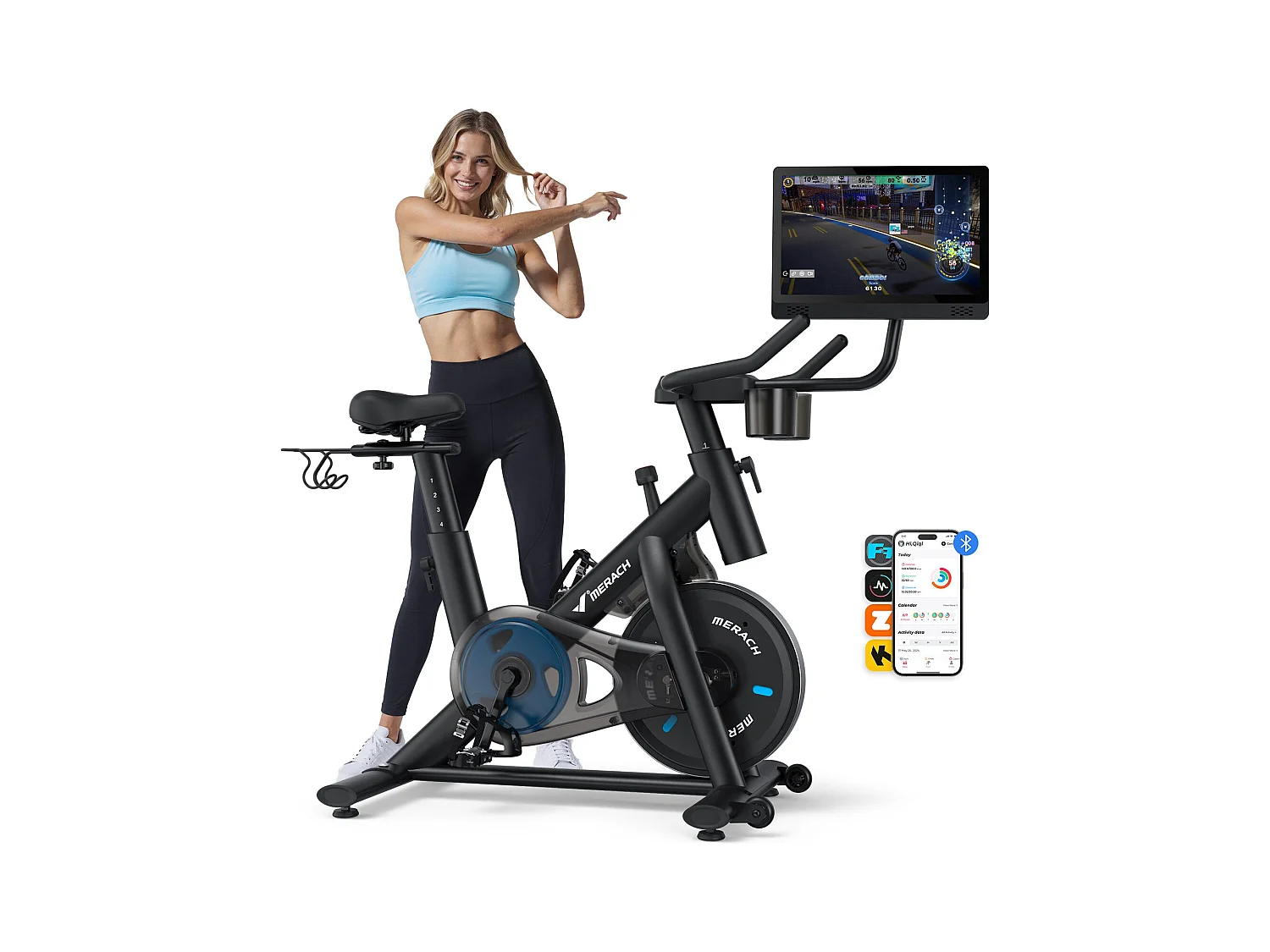 Bici Magnetica MERACH, Volano 6kg, 8 Livelli, Bluetooth, Schermo HD 15,6″, Silenziosa, Supporto Manubri, Fitness a Casa
