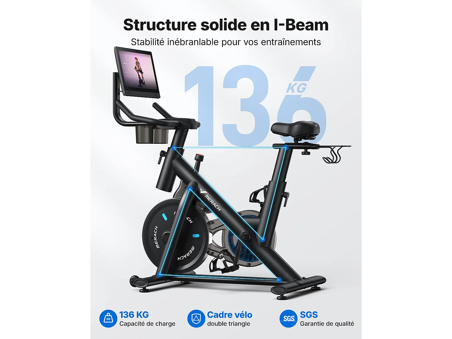 Vélo Magnétique MERACH, Roue d’Inertie 6kg, 8 Niveaux, Bluetooth, Écran HD 15,6″, Silencieux, Support Haltères, Fitness à Domicile
