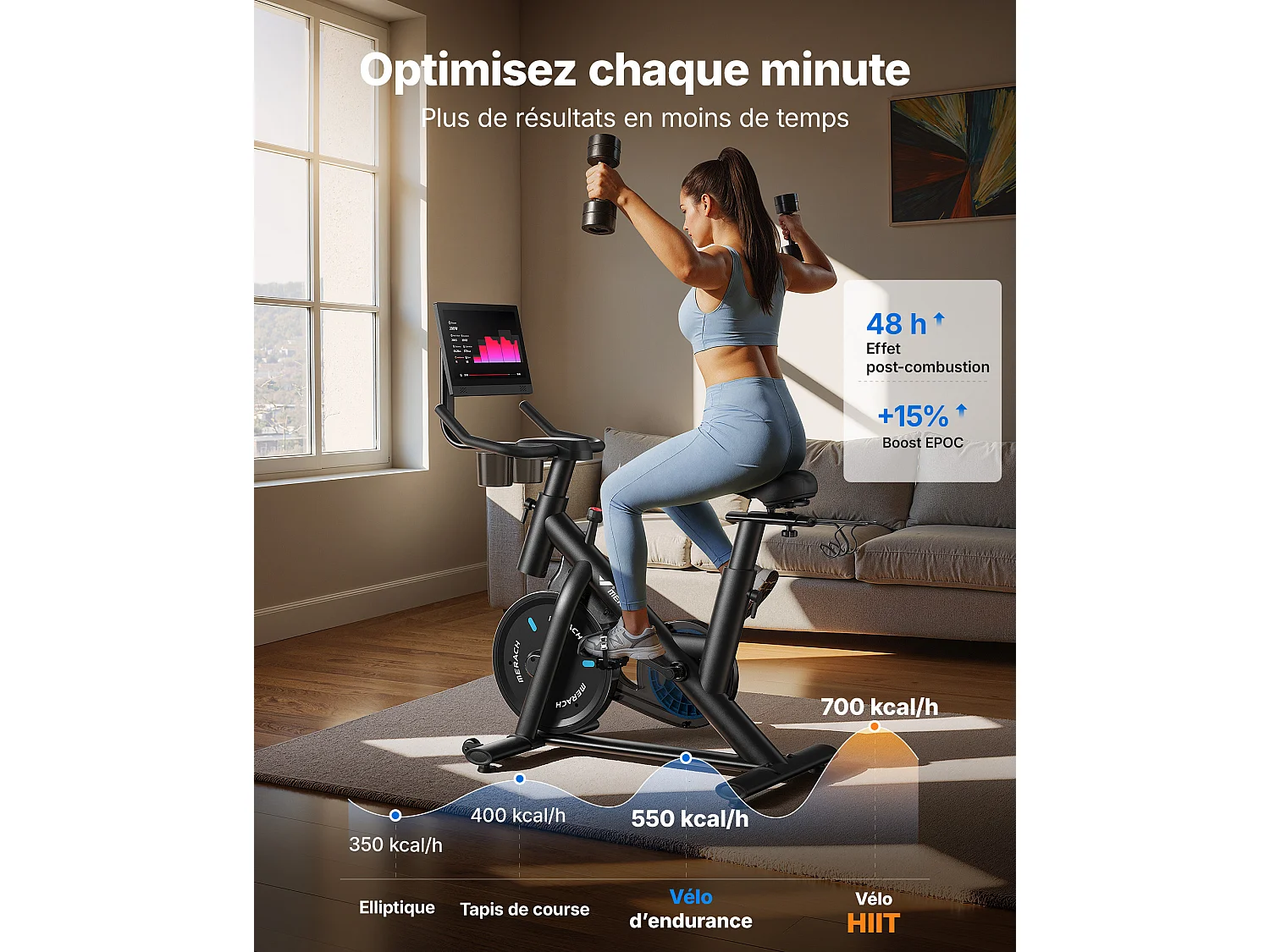 Vélo Magnétique MERACH, Roue d’Inertie 6kg, 8 Niveaux, Bluetooth, Écran HD 15,6″, Silencieux, Support Haltères, Fitness à Domicile