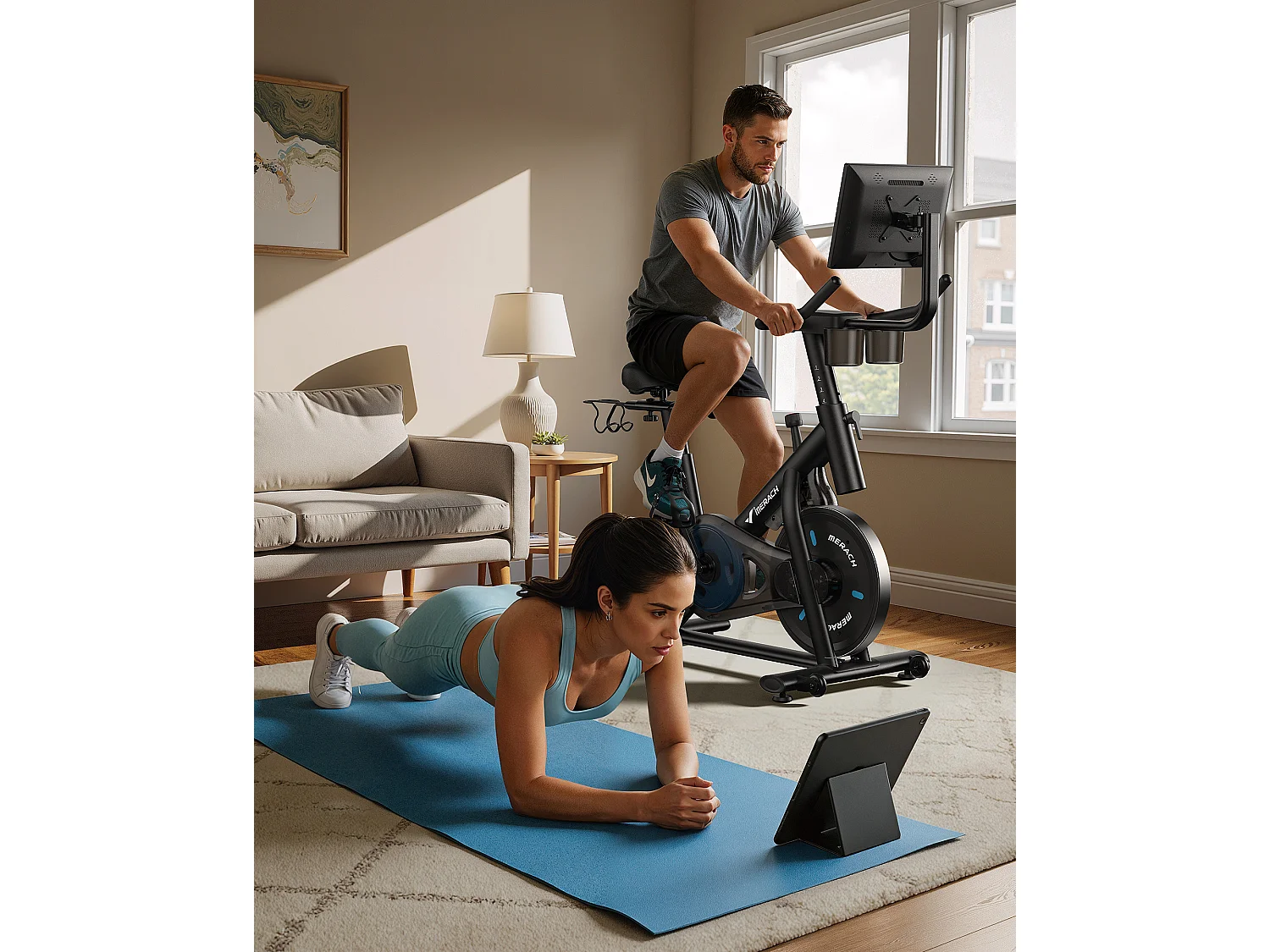 Vélo Magnétique MERACH, Roue d’Inertie 6kg, 8 Niveaux, Bluetooth, Écran HD 15,6″, Silencieux, Support Haltères, Fitness à Domicile