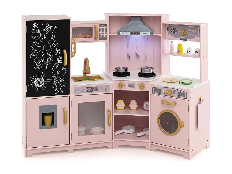 Holz Kinderküche mit Licht & Sound Eck Spielküche mit Tafel & Mikrowell & Spüle Holzküche Rosa