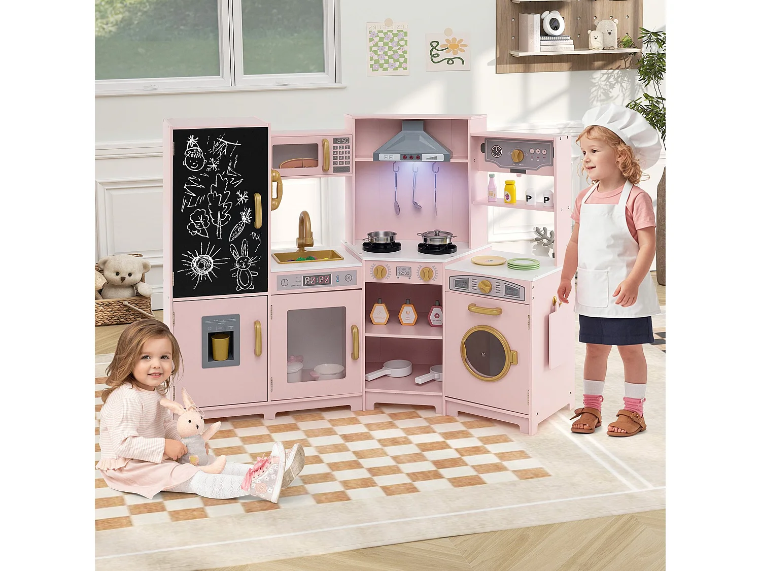 Cuisine en Bois D'angle avec Lumières & Sons Grand Ensemble de Cuisine avec Tableau Noir Micro-ondes Hotte pour 3+ Ans Rose