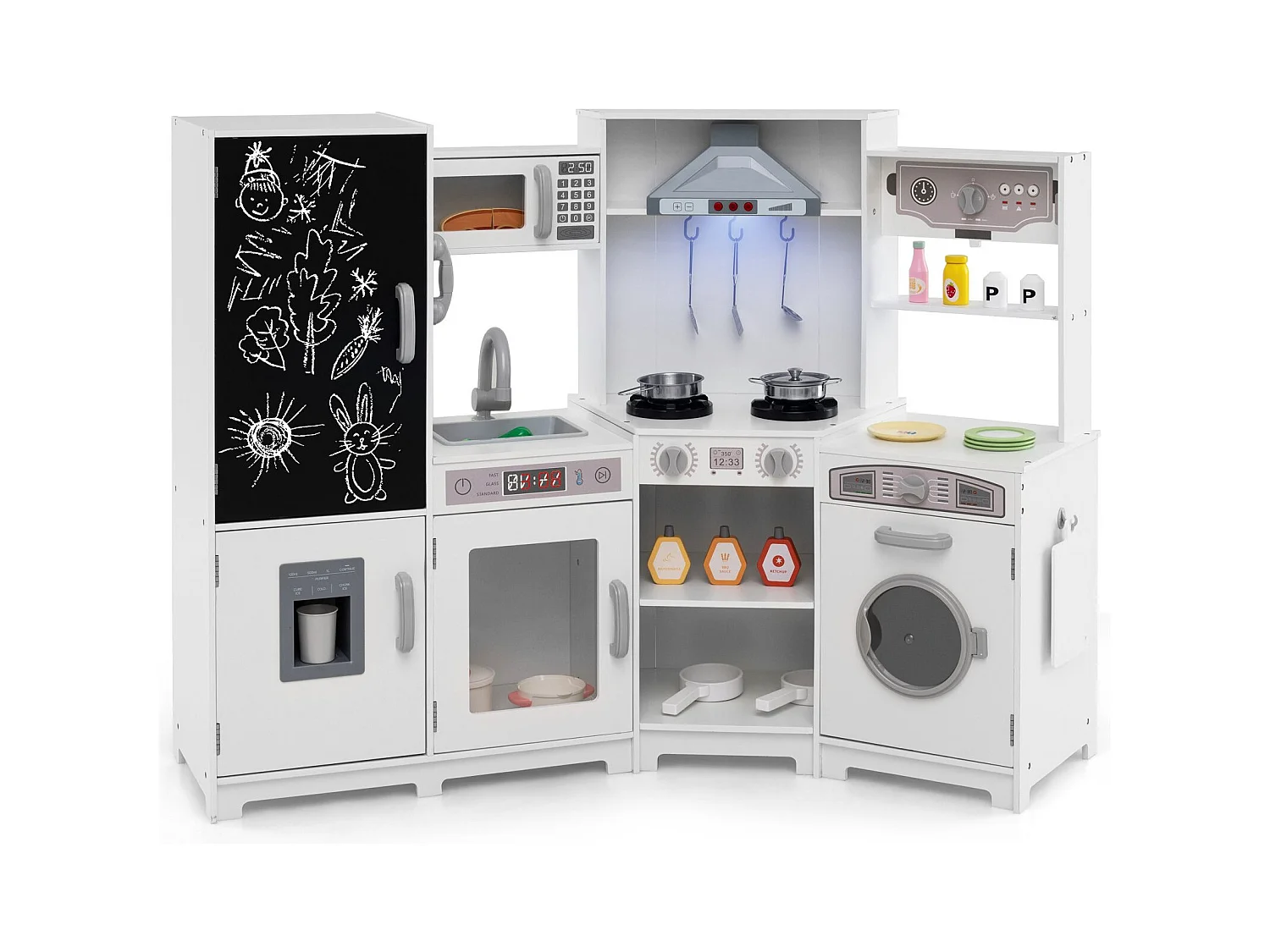 Holz Kinderküche mit Licht & Sound Eck Spielküche mit Tafel & Mikrowell & Spüle Holzküche Weiß