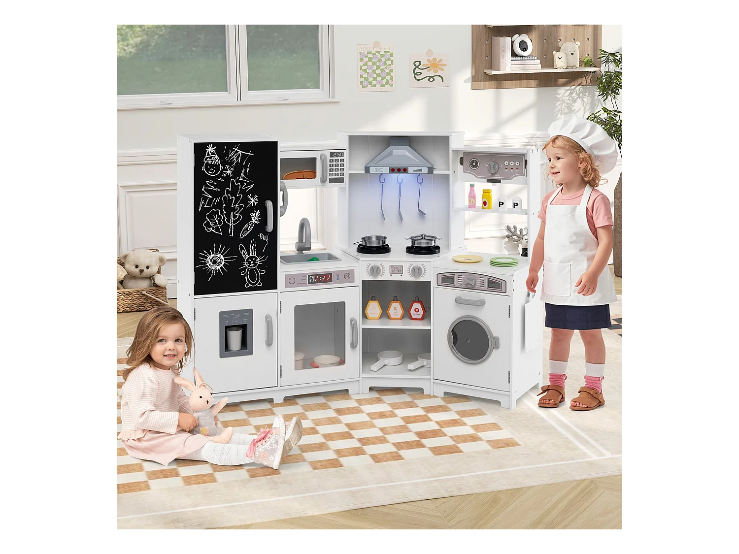 Holz Kinderküche mit Licht & Sound Eck Spielküche mit Tafel & Mikrowell & Spüle Holzküche Weiß