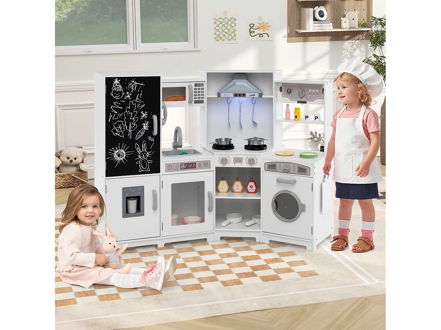 Holz Kinderküche mit Licht & Sound Eck Spielküche mit Tafel & Mikrowell & Spüle Holzküche Weiß