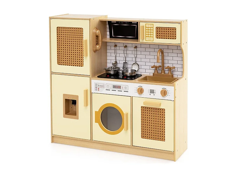 Kinderküche mit Rattantüren & Licht & Sound & Kühlschrank Spielküche Spielzeugküche Gelb