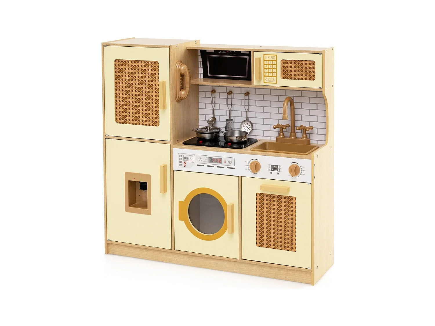 Kinderküche mit Rattantüren & Licht & Sound & Kühlschrank Spielküche Spielzeugküche Gelb