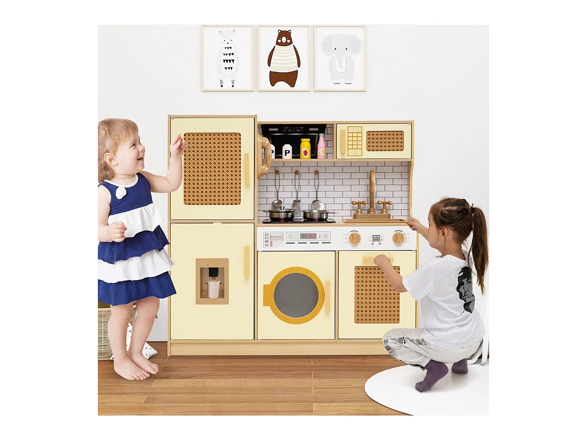 Kinderküche mit Rattantüren & Licht & Sound & Kühlschrank Spielküche Spielzeugküche Gelb