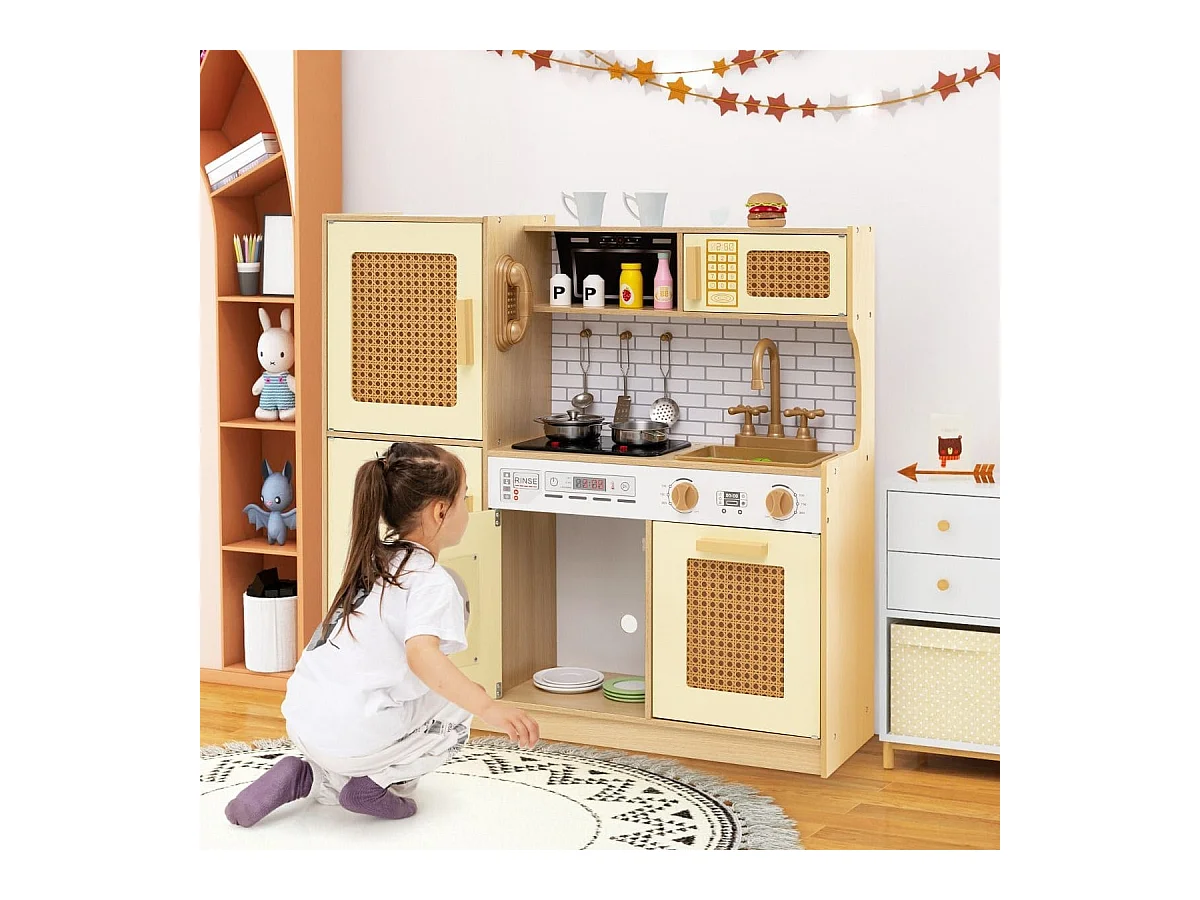 Kinderküche mit Rattantüren & Licht & Sound & Kühlschrank Spielküche Spielzeugküche Gelb