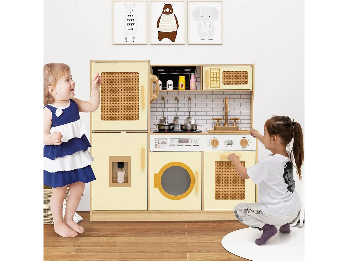 Cucina per bambini con ante in rattan, luci e suoni e frigorifero Cucina da gioco Cucina giocattolo