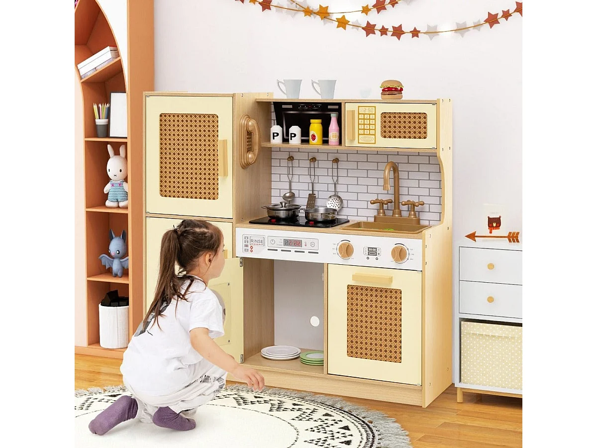 Cucina per bambini con ante in rattan, luci e suoni e frigorifero Cucina da gioco Cucina giocattolo