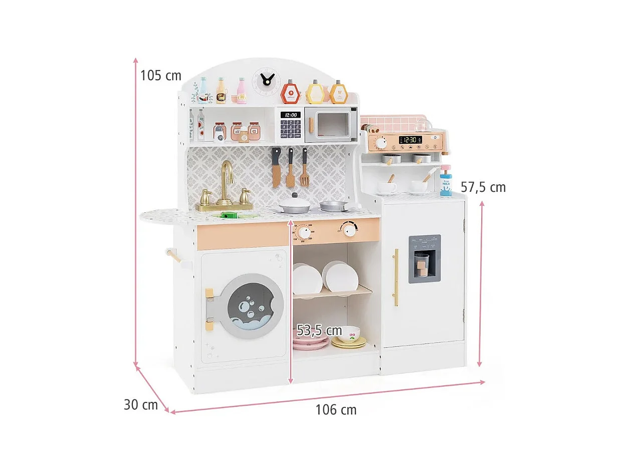 Kinderküche mit 27 Zubehör Spielküche Holz mit Uhr Mikrowelle Weiß