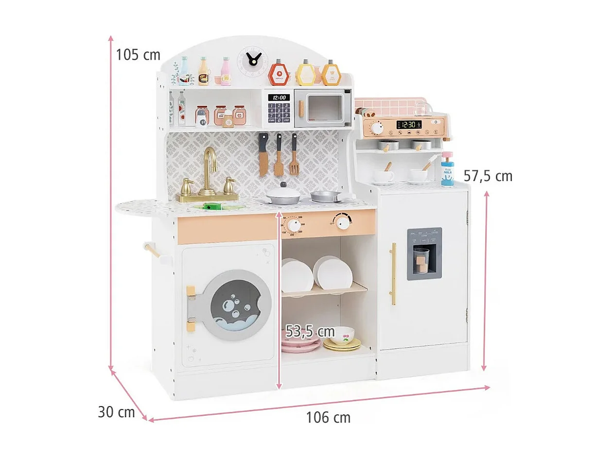 Kinderküche mit 27 Zubehör Spielküche Holz mit Uhr Mikrowelle Weiß