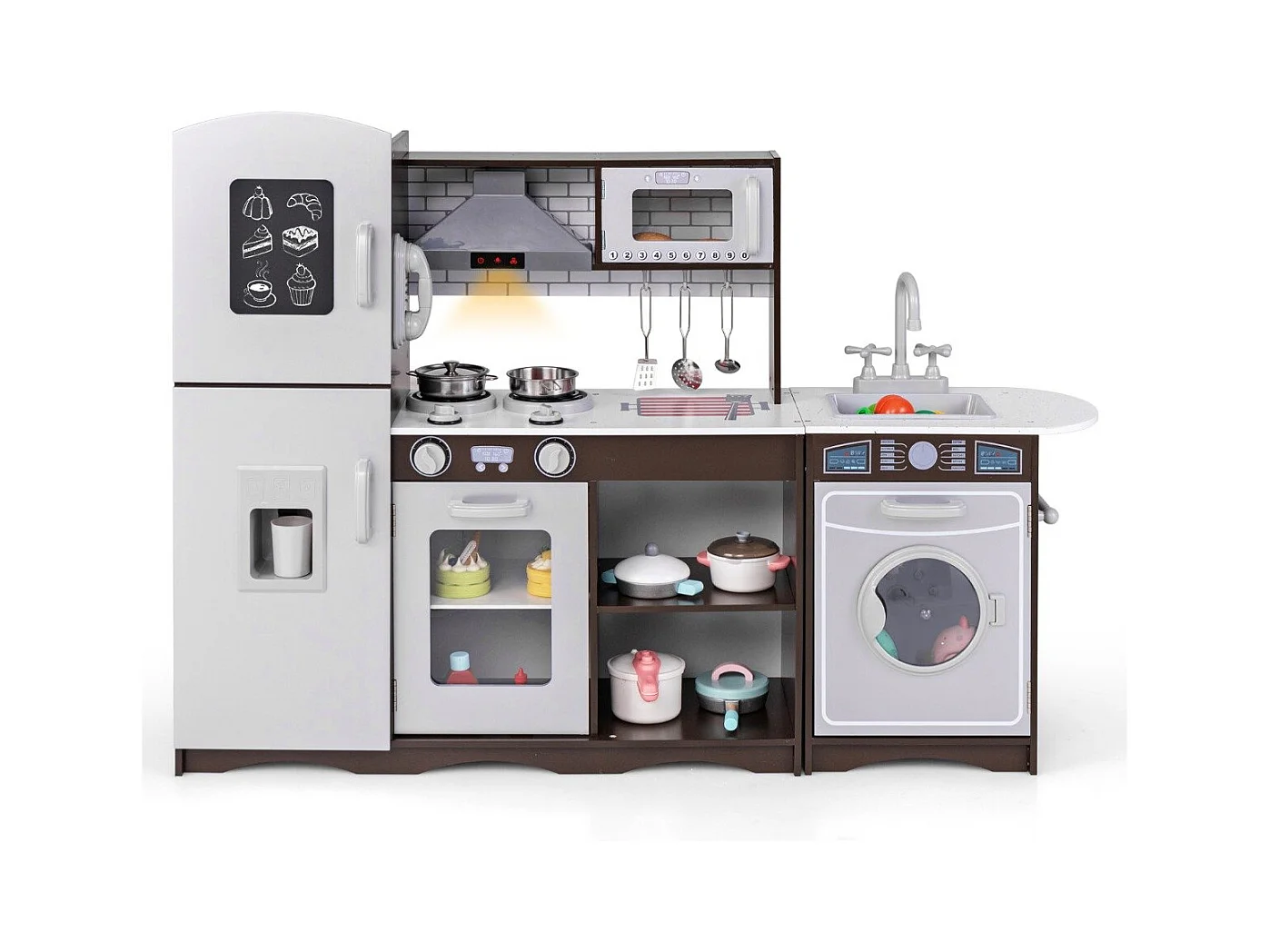 Kinderküche Holz Eck Spielküche mit Licht & Sound inkl. 7 Zubehör Dunkelbraun 121 x 29 x 83 cm