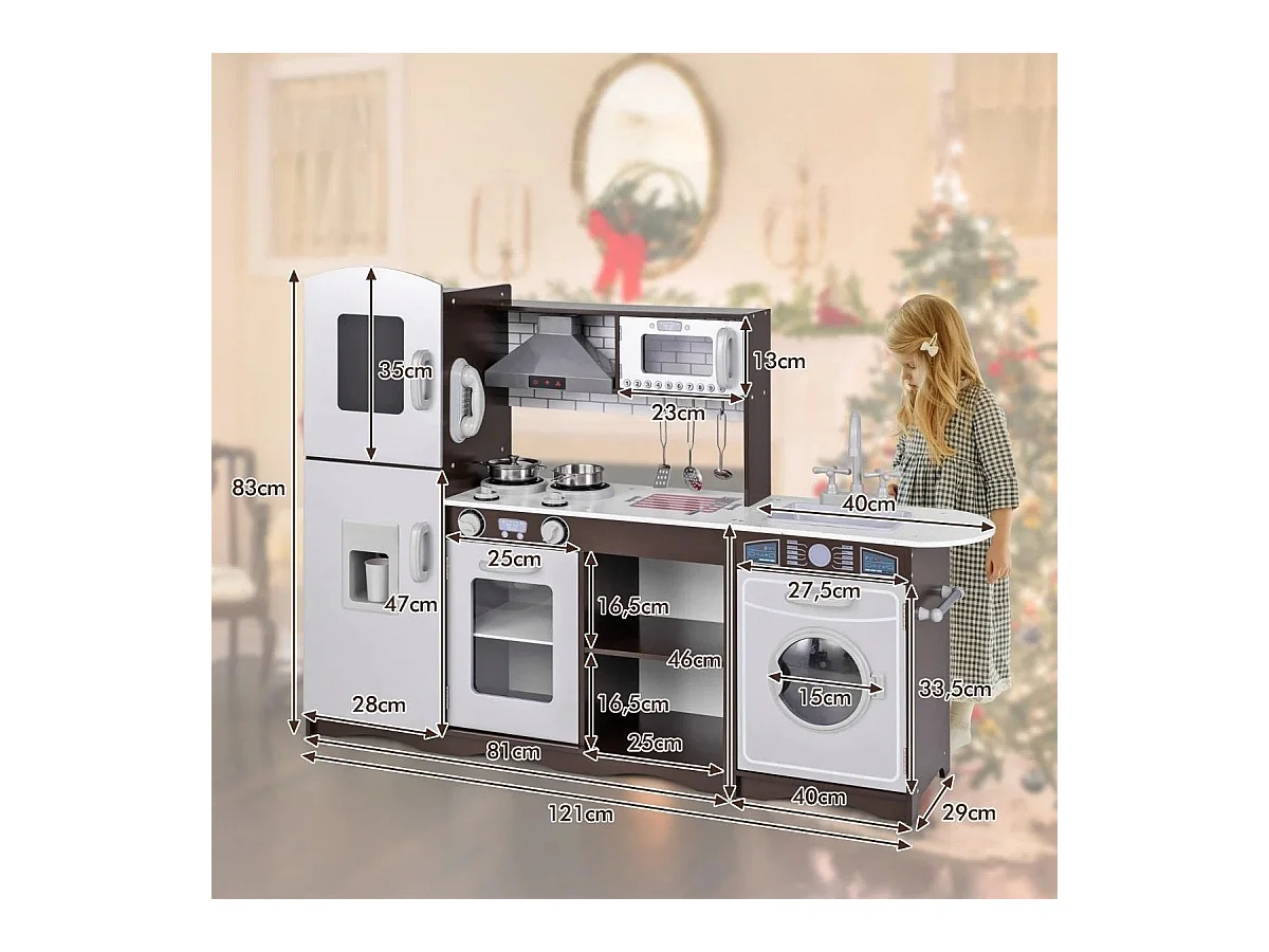 Kinderküche Holz Eck Spielküche mit Licht & Sound inkl. 7 Zubehör Dunkelbraun 121 x 29 x 83 cm