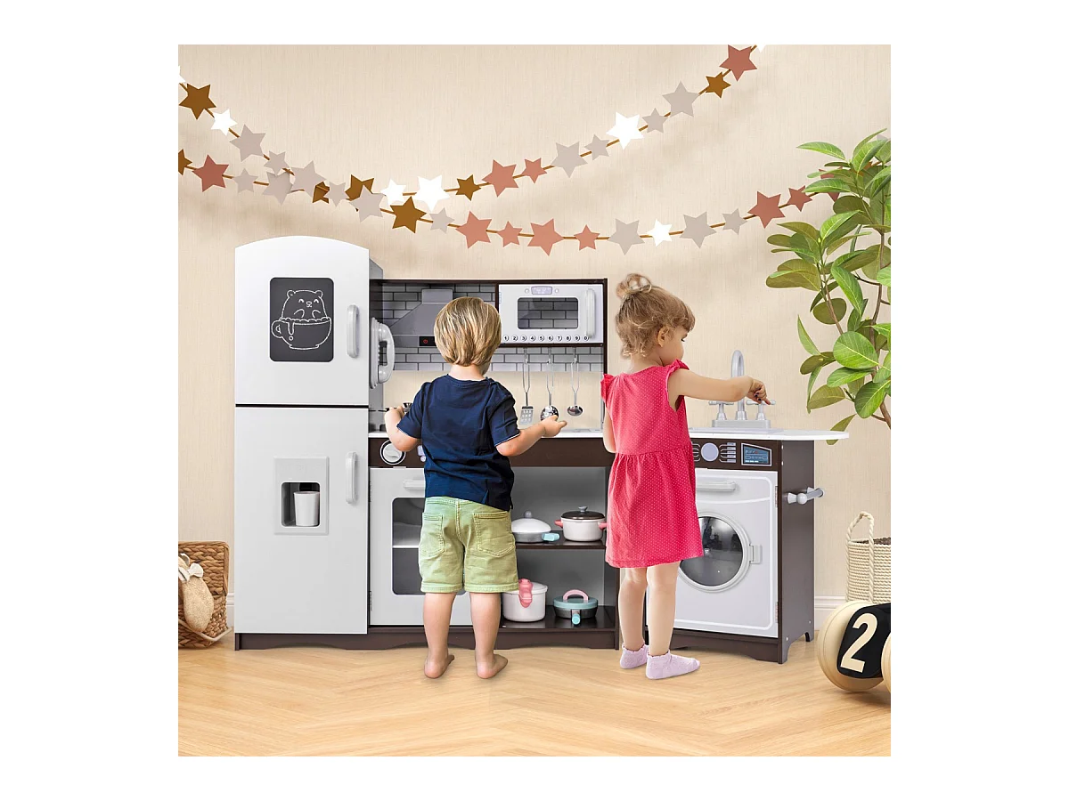 Kinderküche Holz Eck Spielküche mit Licht & Sound inkl. 7 Zubehör Dunkelbraun 121 x 29 x 83 cm