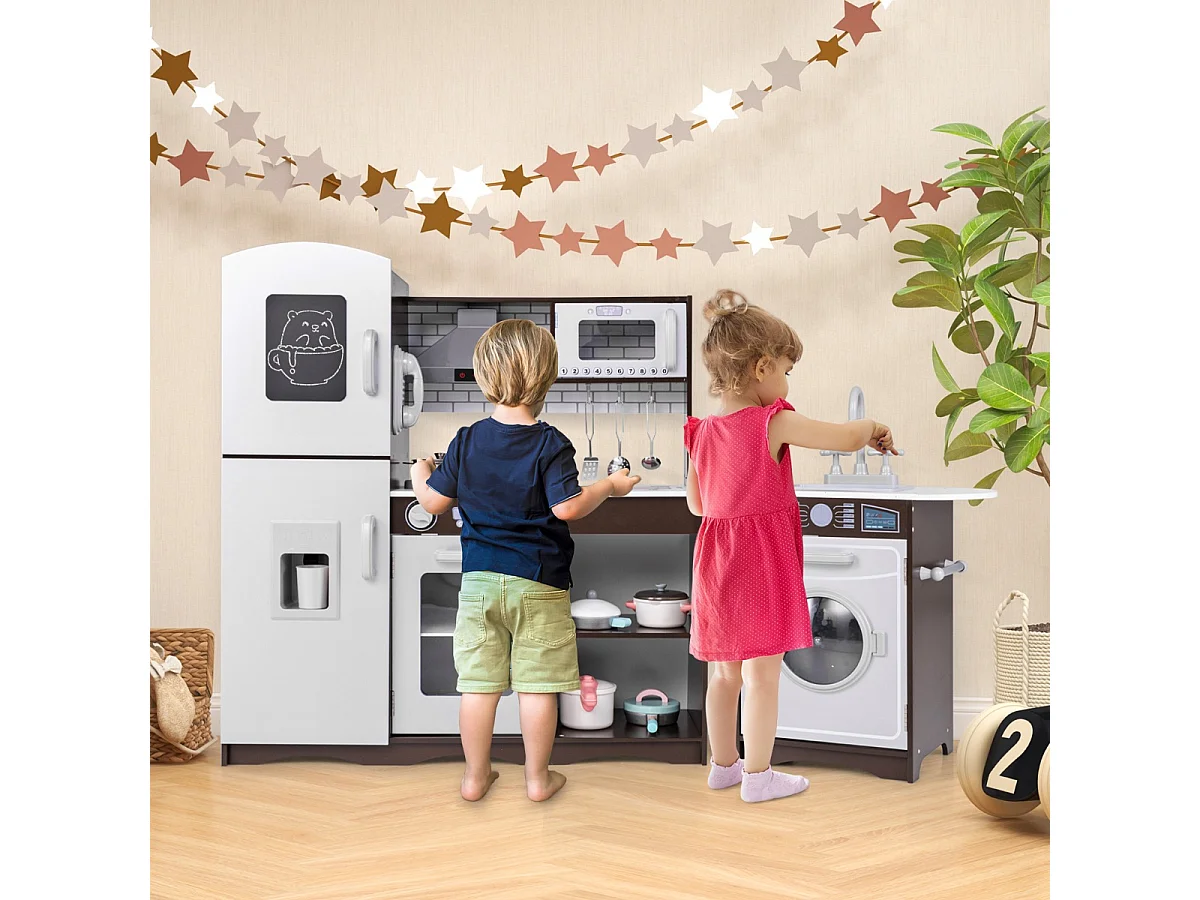 Ensemble de Cuisine d'Angle pour Enfants de 3+ Ans avec Lumière et Machine à Glaçons Micro-Ondes Hotte Aspirante Téléphone Marron