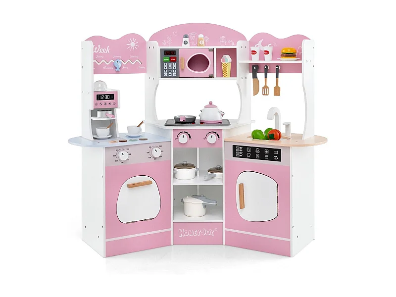 Holz Eck Spielküche mit Sound & Licht & Kaffeemaschine & Rutsche Kleinkind Küchen Spielset Rosa