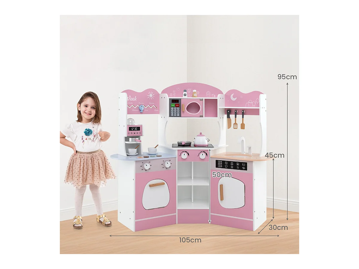 Holz Eck Spielküche mit Sound & Licht & Kaffeemaschine & Rutsche Kleinkind Küchen Spielset Rosa