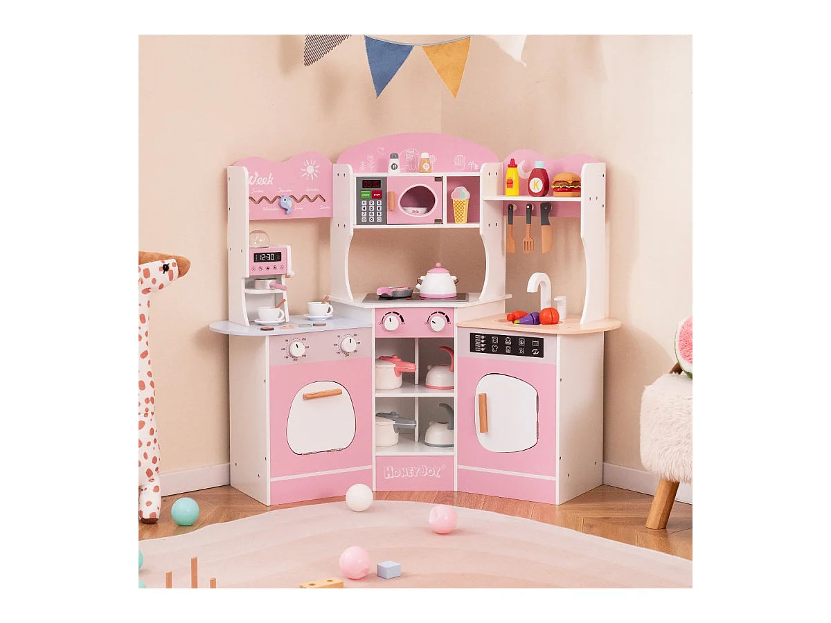 Holz Eck Spielküche mit Sound & Licht & Kaffeemaschine & Rutsche Kleinkind Küchen Spielset Rosa
