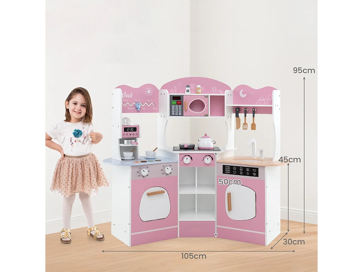 Cucina giocattolo angolare in legno con macchina del caffè, Set cucina con luci e suoni per Bambini 3+ Anni Rosa