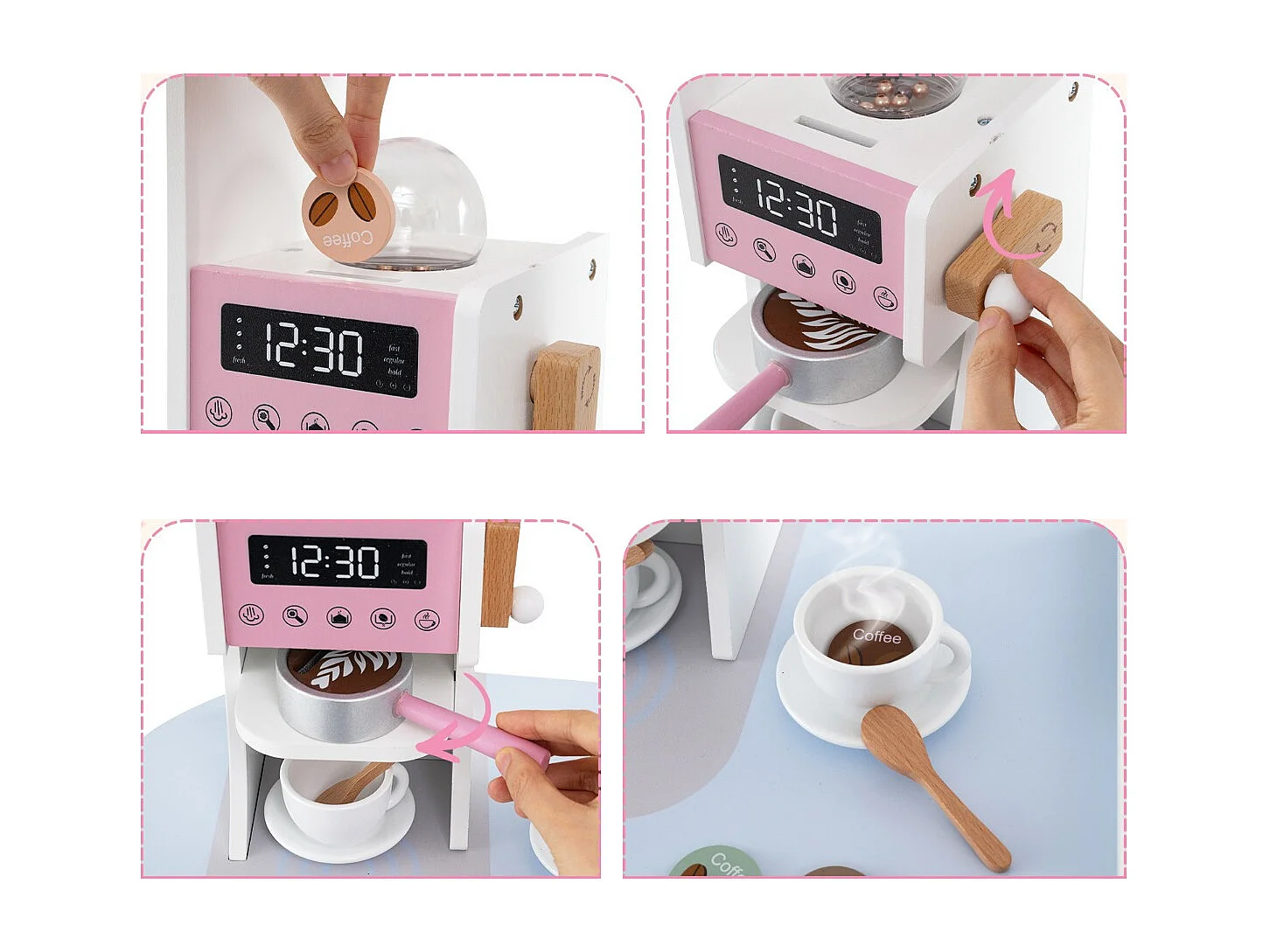 Cucina giocattolo angolare in legno con macchina del caffè, Set cucina con luci e suoni per Bambini 3+ Anni Rosa