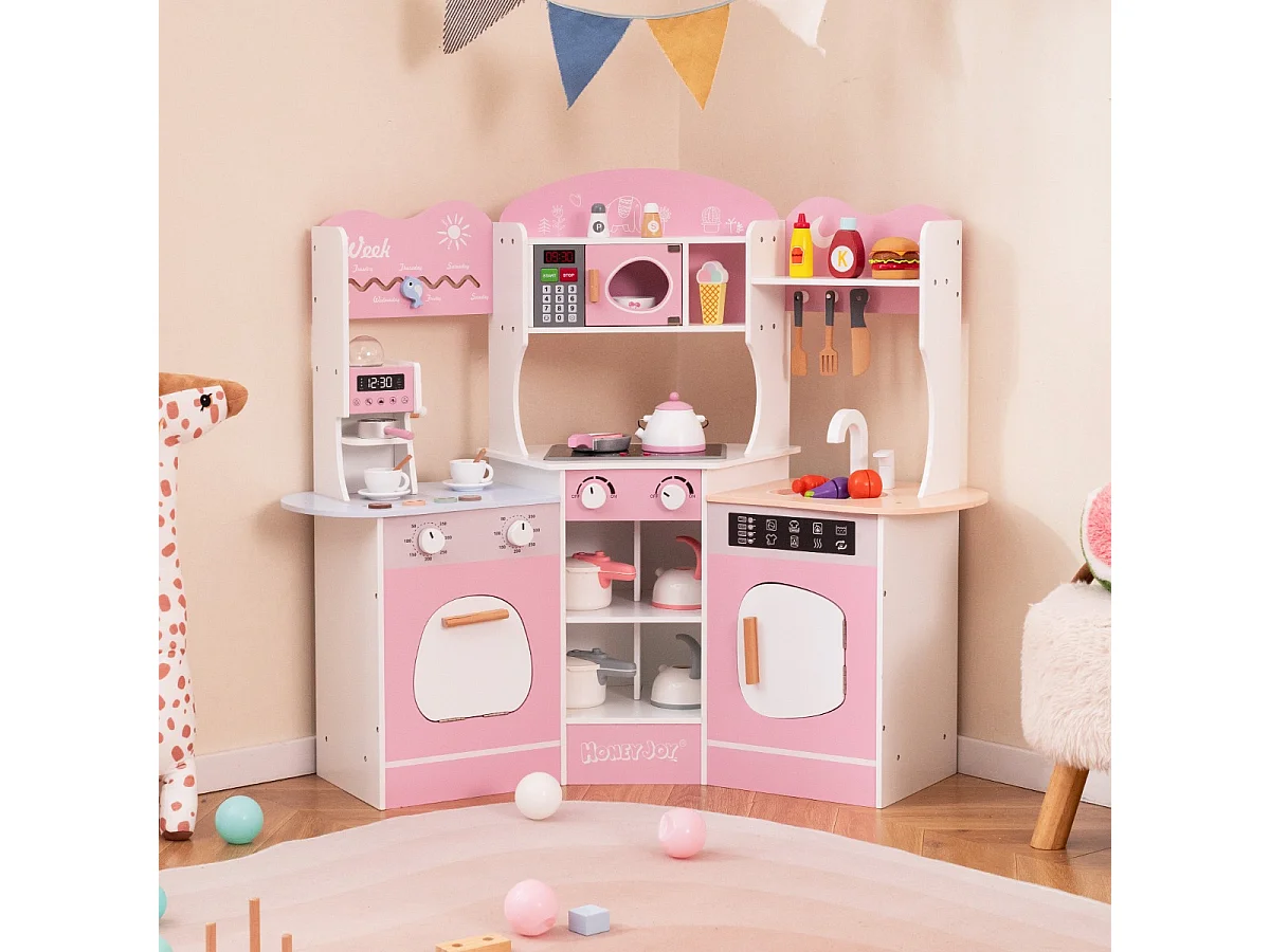 Cucina giocattolo angolare in legno con macchina del caffè, Set cucina con luci e suoni per Bambini 3+ Anni Rosa