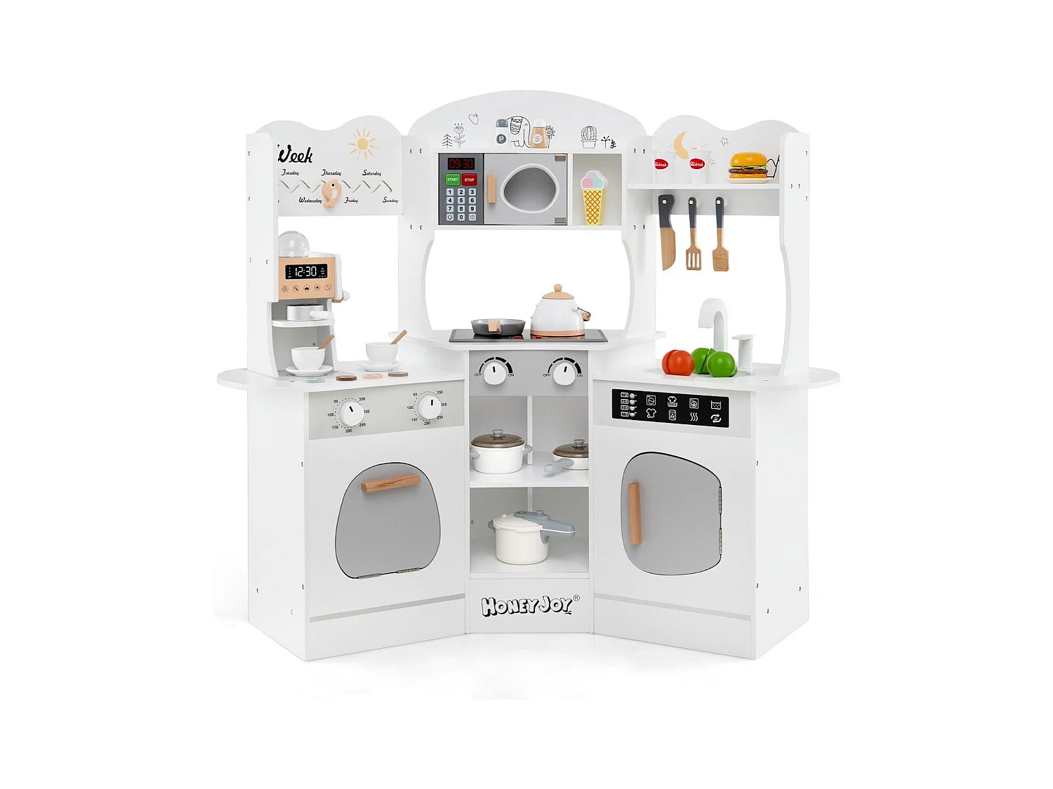 Holz Eck Spielküche mit Sound & Licht & Kaffeemaschine & Rutsche Kleinkind Küchen Spielset Weiß