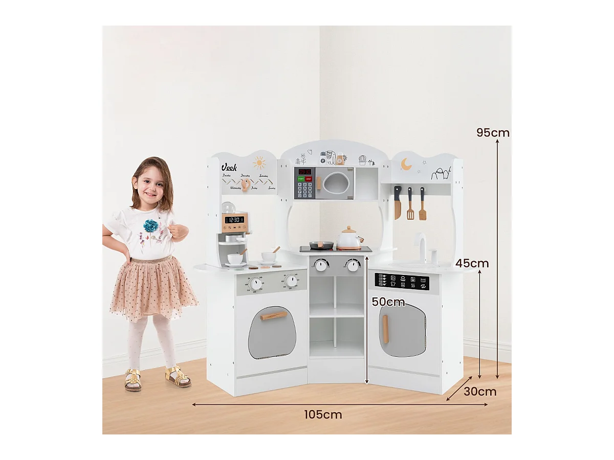 Holz Eck Spielküche mit Sound & Licht & Kaffeemaschine & Rutsche Kleinkind Küchen Spielset Weiß