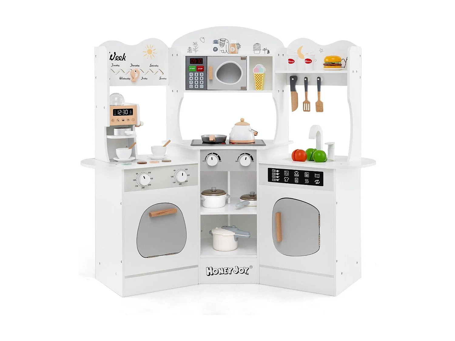 Holz Eck Spielküche mit Sound & Licht & Kaffeemaschine & Rutsche Kleinkind Küchen Spielset Weiß