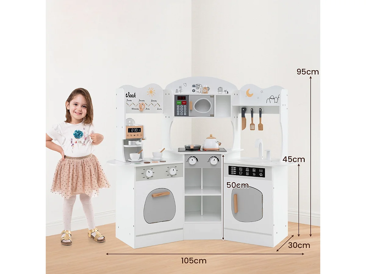 Holz Eck Spielküche mit Sound & Licht & Kaffeemaschine & Rutsche Kleinkind Küchen Spielset Weiß