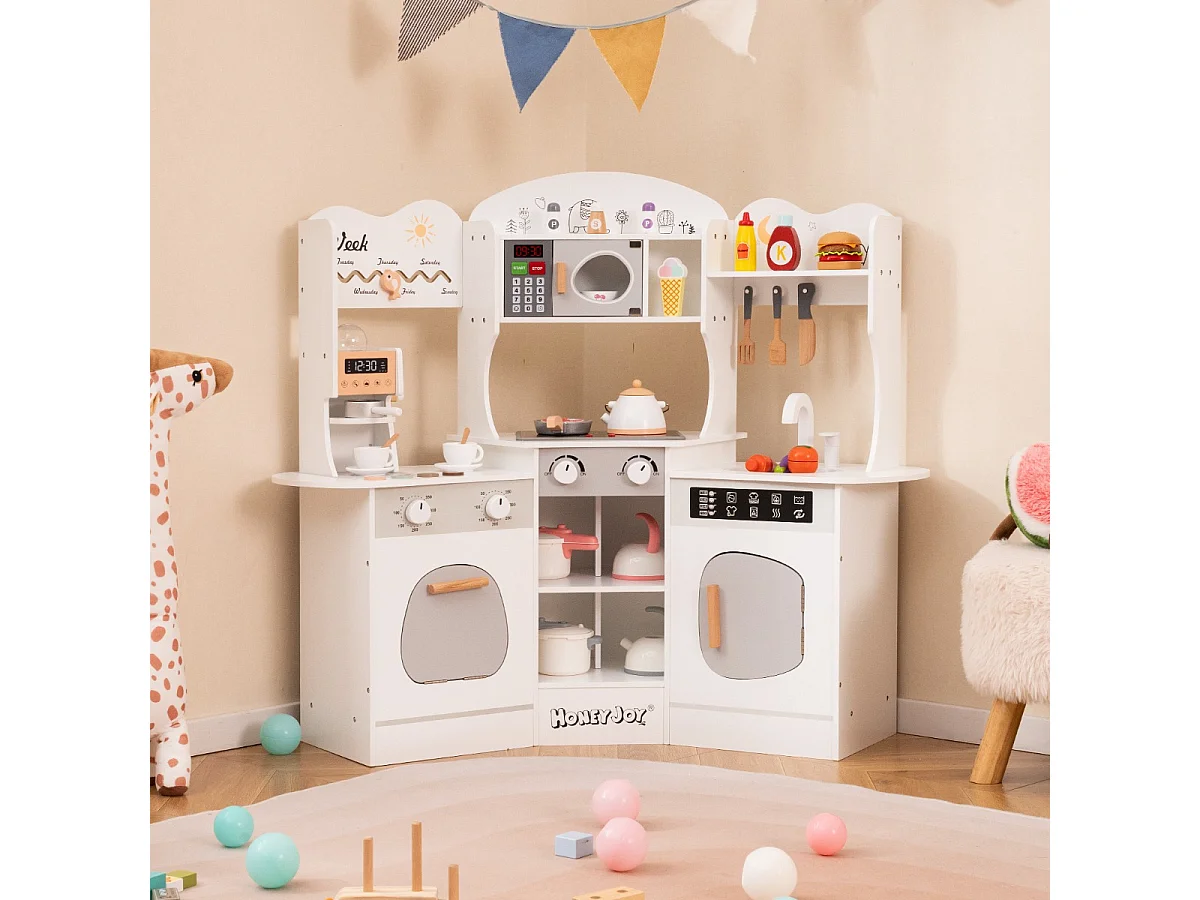 Holz Eck Spielküche mit Sound & Licht & Kaffeemaschine & Rutsche Kleinkind Küchen Spielset Weiß
