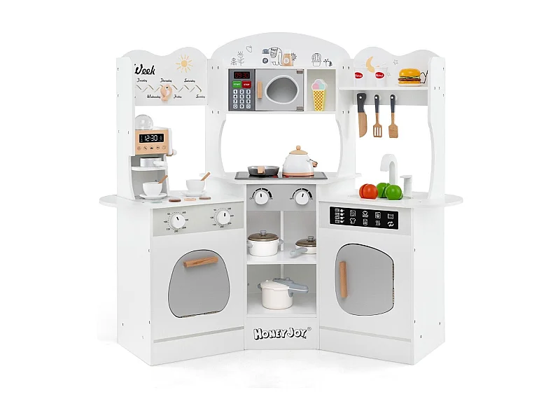 Cucina giocattolo angolare in legno con macchina del caffè, Set cucina con luci e suoni per Bambini 3+ Anni Bianco