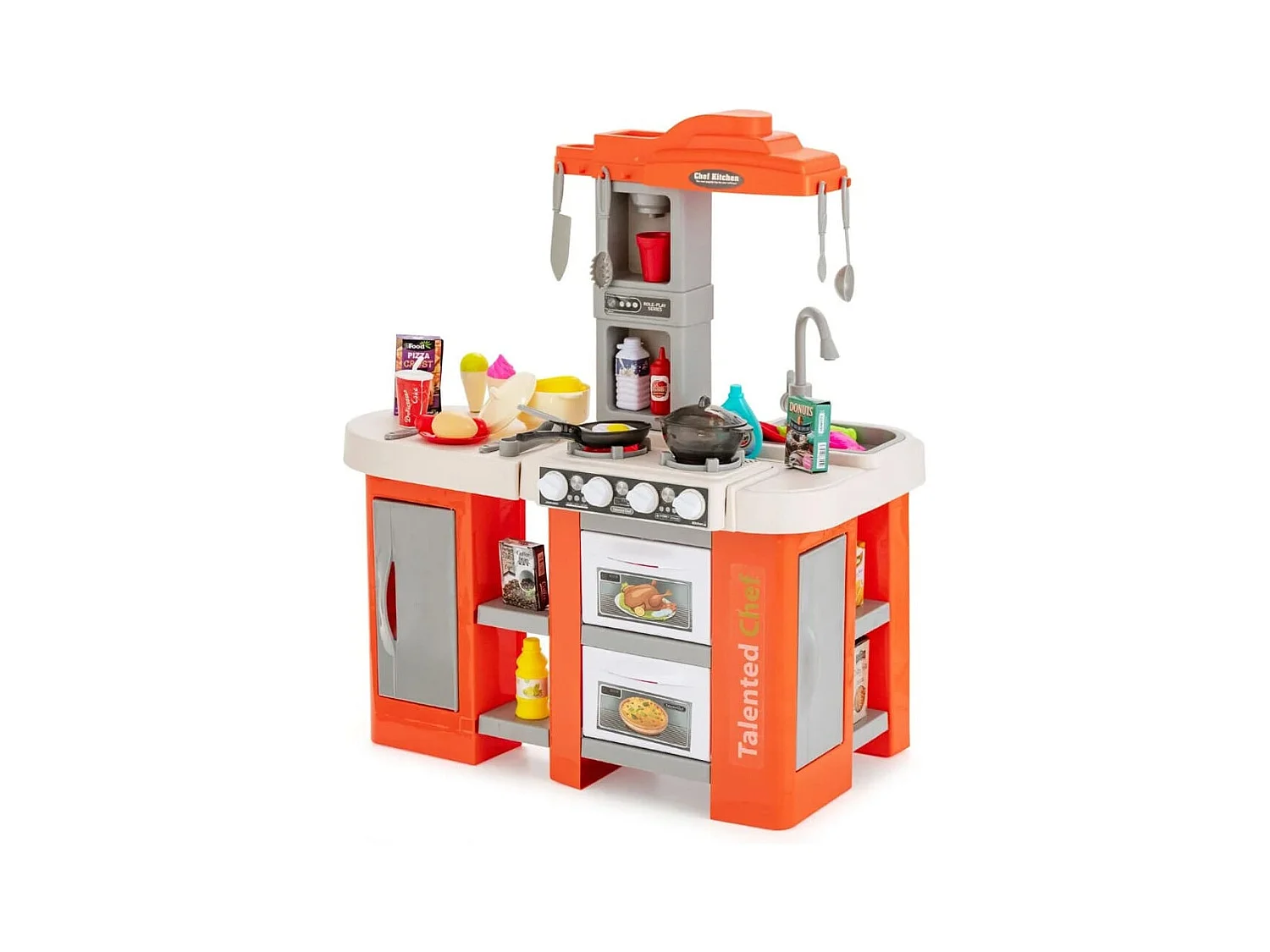 Cuisine de Jeu pour Enfants 67 Pièces avec Accessoires pour Aliments et Ustensiles Son Lumières Vapeur et Ebullition pour 3+ ans Orange/Bleu