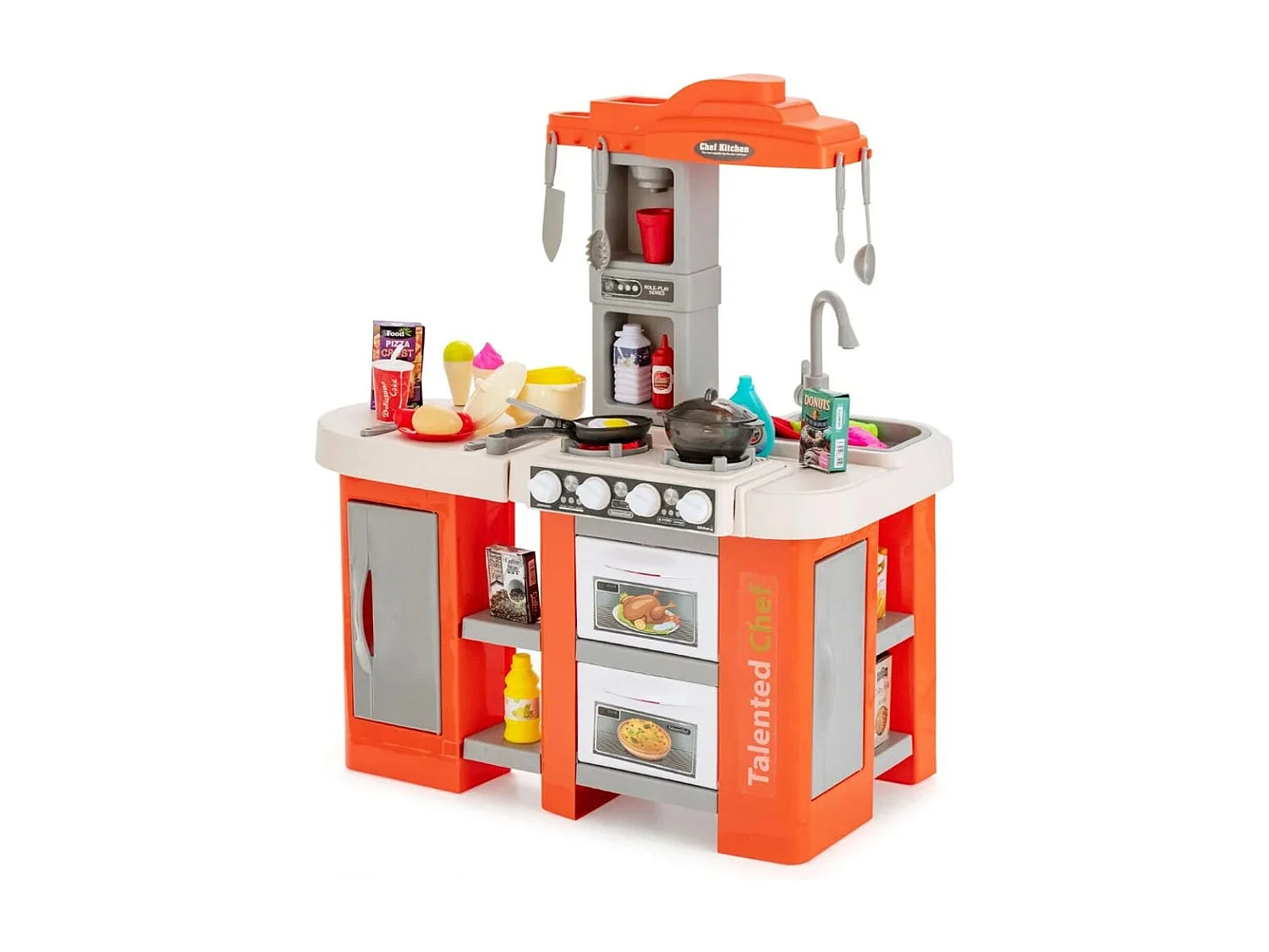 Cucina per bambini con accessori di cibo e utensili effetti sonori, Cucina per bambini vapore e bollitura 67 pcs Arancione