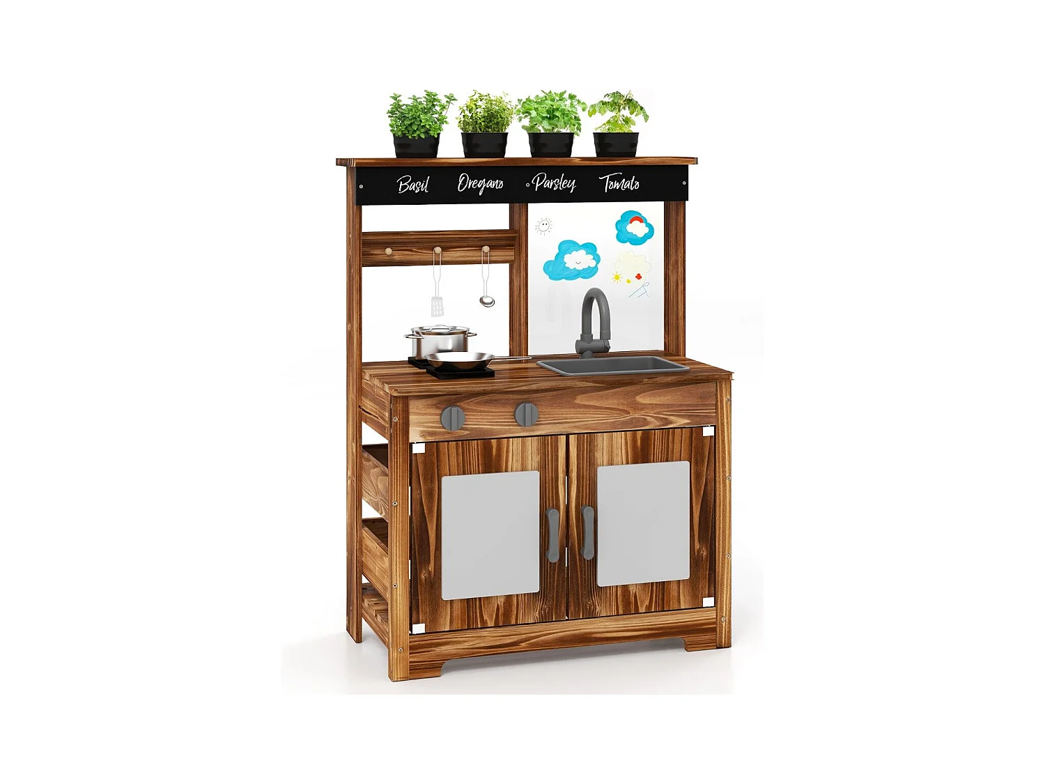 Matschküche Kinder Outdoor Kinderküche Tannenholz mit 4 Kochtöpfen Braun