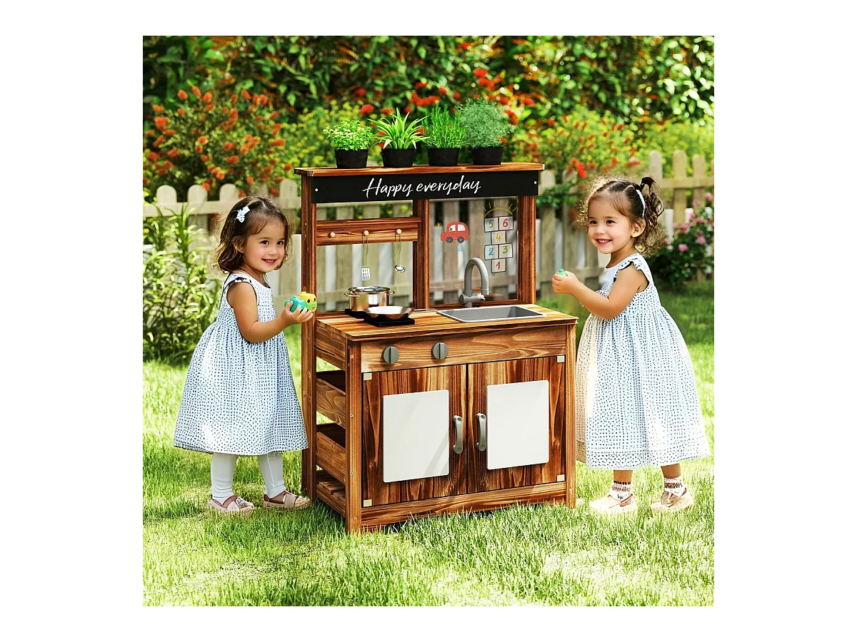 Matschküche Kinder Outdoor Kinderküche Tannenholz mit 4 Kochtöpfen Braun