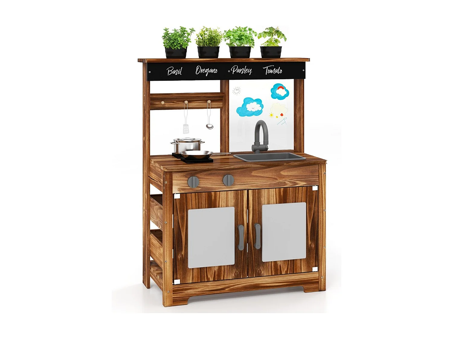 Cucina da giardino in legno di abete con 4 vasi da piante, Set da cucina giocattolo con lavandino e fornello per bambini Marrone