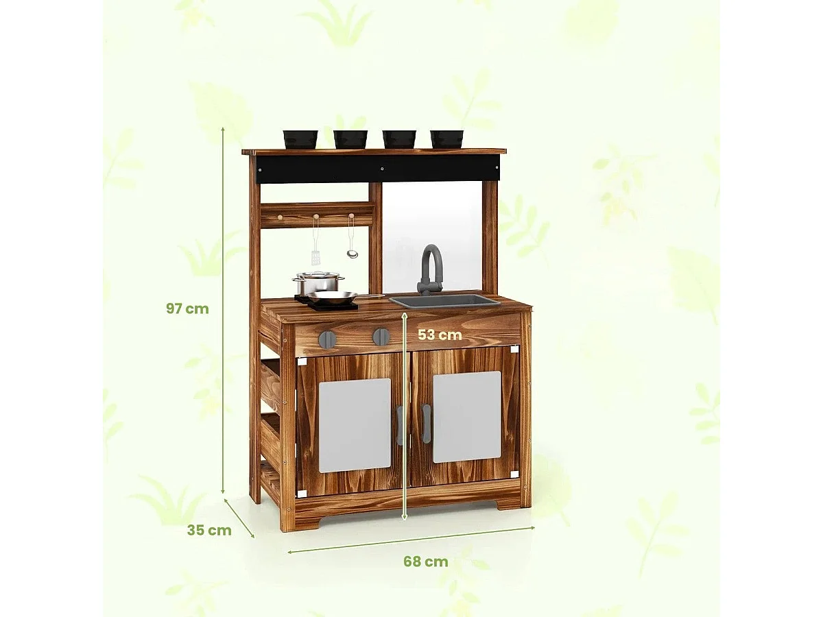 Cucina da giardino in legno di abete con 4 vasi da piante, Set da cucina giocattolo con lavandino e fornello per bambini Marrone