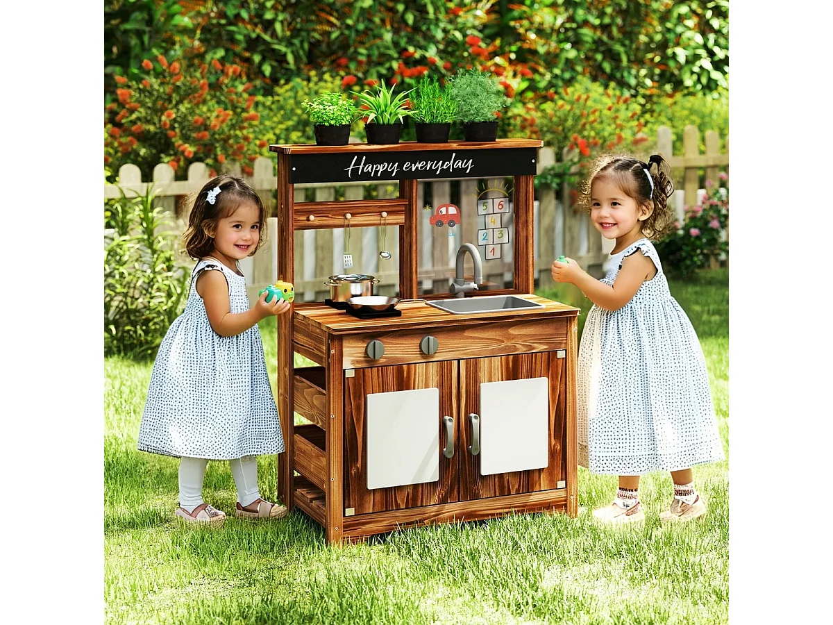 Cucina da giardino in legno di abete con 4 vasi da piante, Set da cucina giocattolo con lavandino e fornello per bambini Marrone