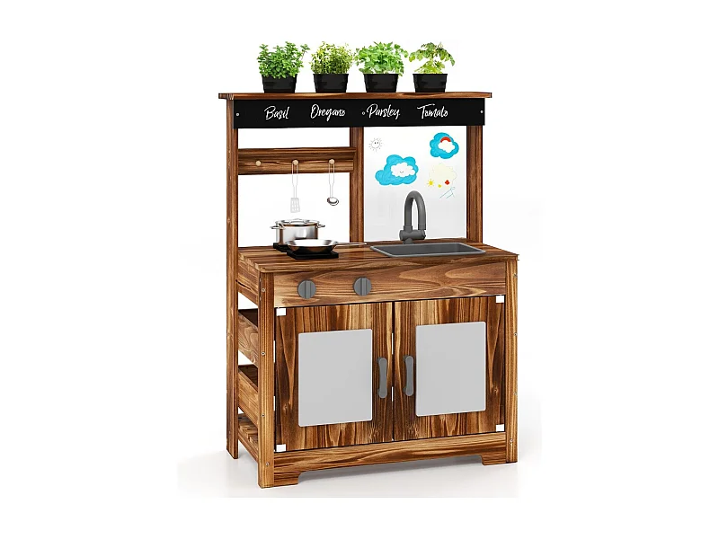Cucina da giardino in legno di abete con 4 vasi da piante, Set da cucina giocattolo con lavandino e fornello per bambini Marrone