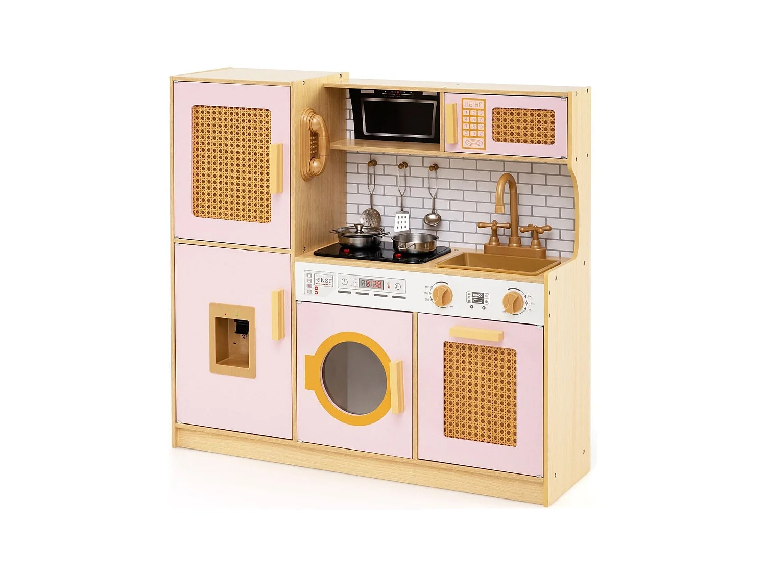 Kinderküche mit Rattantüren & Licht & Sound & Kühlschrank Spielküche Spielzeugküche Rosa