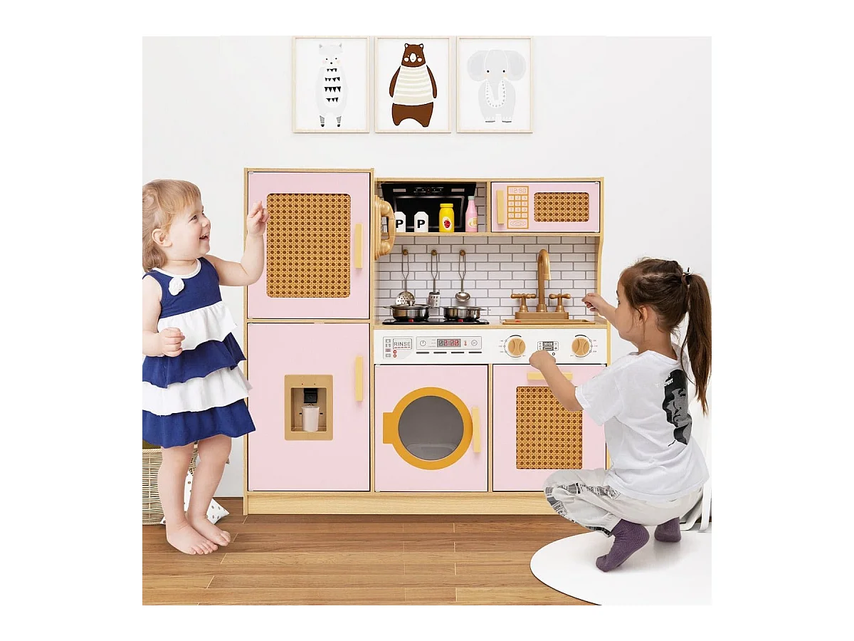 Kinderküche mit Rattantüren & Licht & Sound & Kühlschrank Spielküche Spielzeugküche Rosa