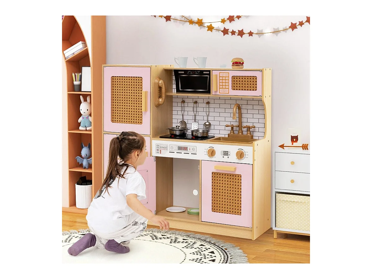 Kinderküche mit Rattantüren & Licht & Sound & Kühlschrank Spielküche Spielzeugküche Rosa