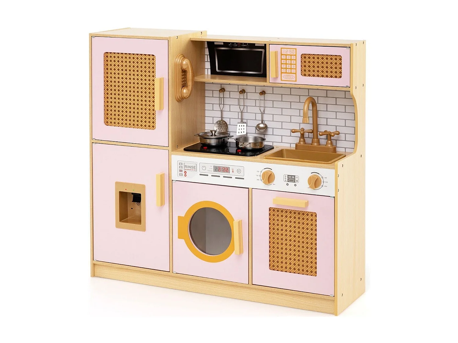 Cucina per bambini con ante in rattan, luci e suoni e frigorifero Cucina da gioco Cucina giocattolo Rosa