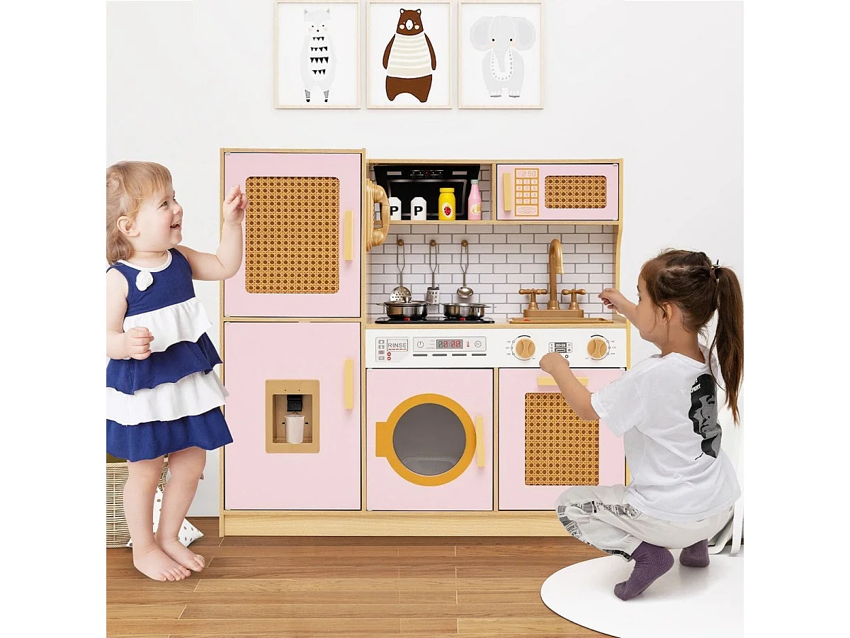 Cucina per bambini con ante in rattan, luci e suoni e frigorifero Cucina da gioco Cucina giocattolo Rosa
