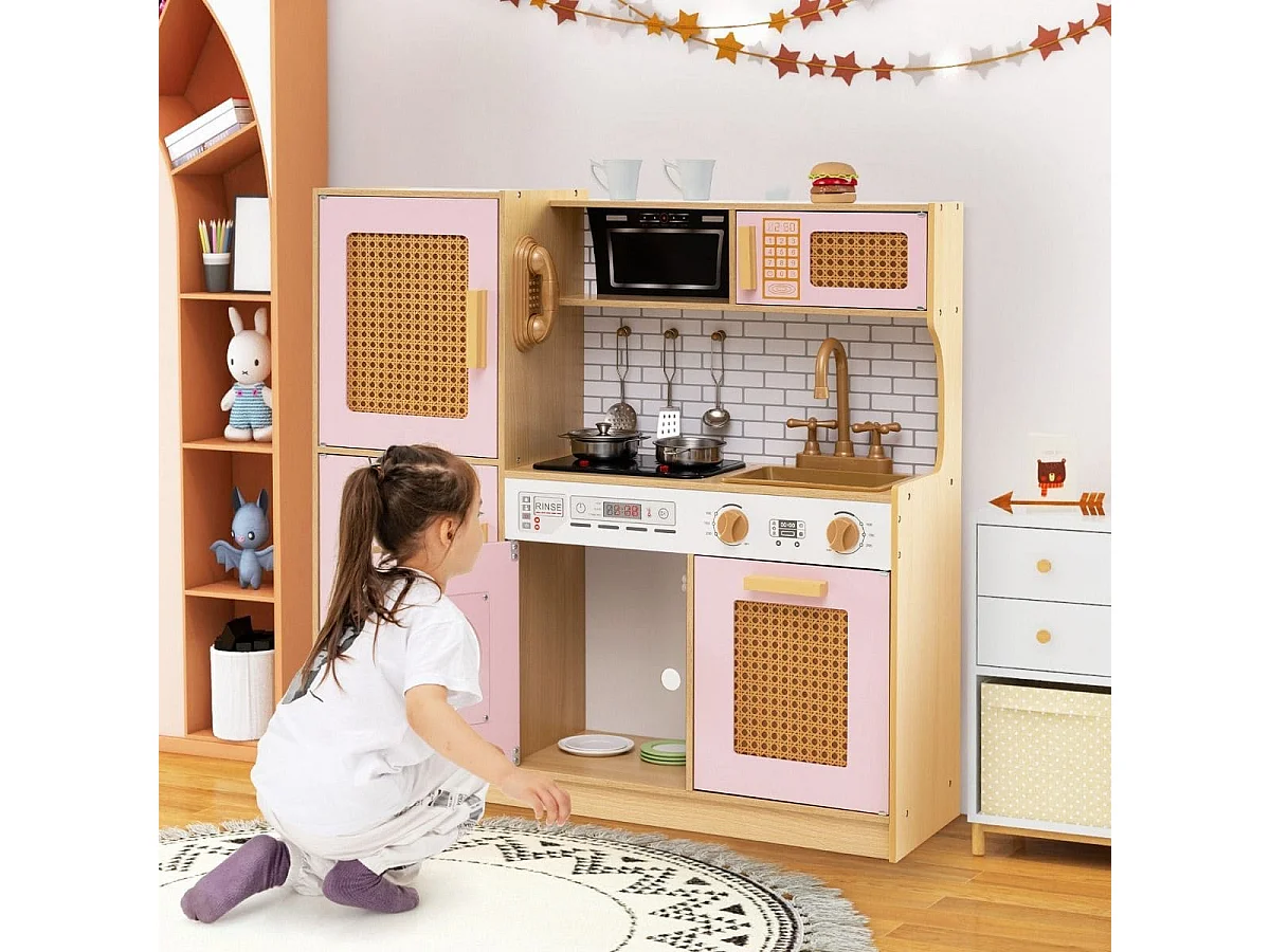 Cucina per bambini con ante in rattan, luci e suoni e frigorifero Cucina da gioco Cucina giocattolo Rosa